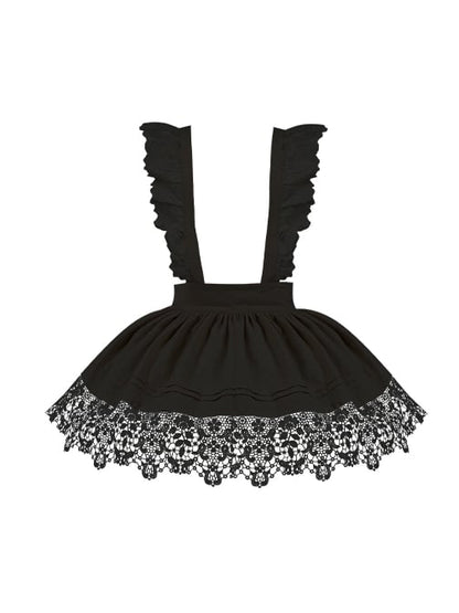 取り外し可能なショルダーストラップ付きブラックフラワーレースヘムラインエプロン