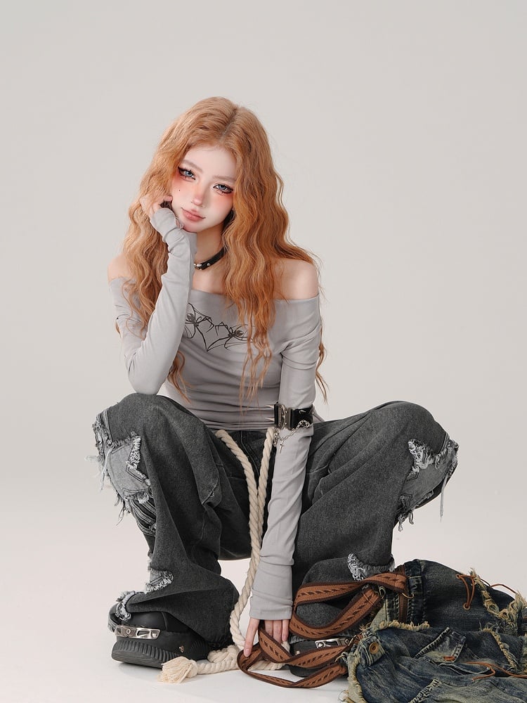 Low Grey Waist Wide-Leg Jeans with Frayed Star Patchwork