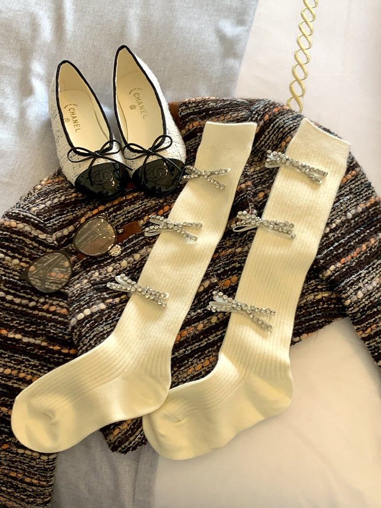 Black/Milk White Rhinestone Bowknot Calf Socks