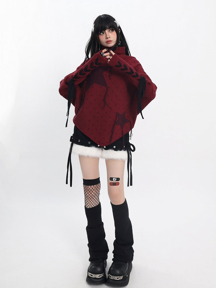 Red Turtleneck Sweater with Star Polka Dot Print, Pointed Hem, Frayed Fringe & Lace-Up - Catwish