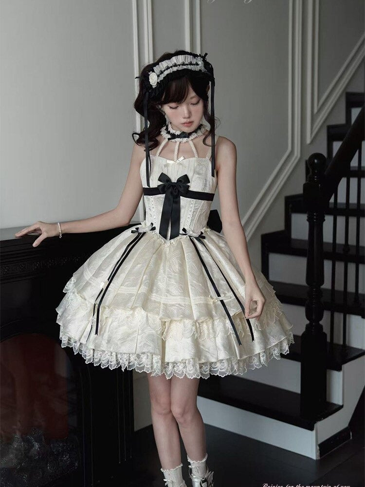 Apricot Lace-Trim JSK Dress with Black Bows - Die Die Zi