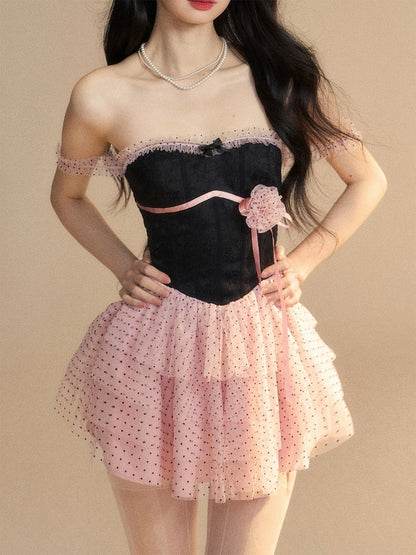 Dress Tiered Polka-Dot Mesh Skirt Floral Black  Pink Mini Accent Pattern
