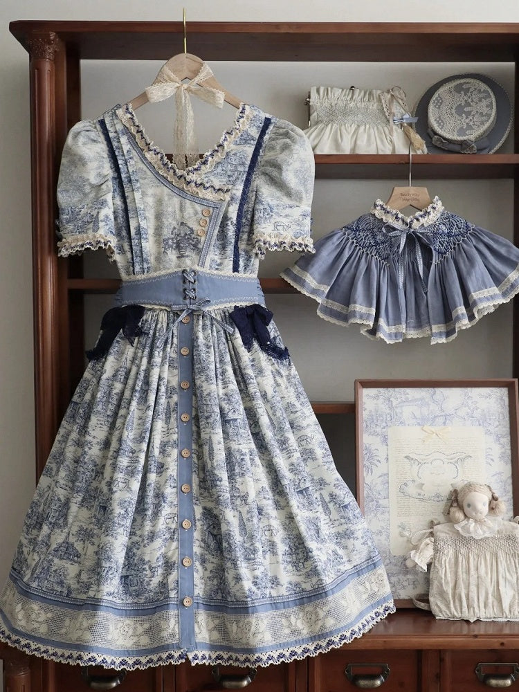 Blue Cabins in the Forest Front Button Placket Skirt Short Sleeves Lolita Dress