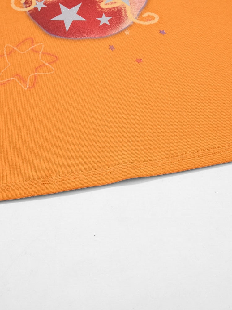 Orange Crew-Neck Tee with Fruit & Star Motif - Languid Park