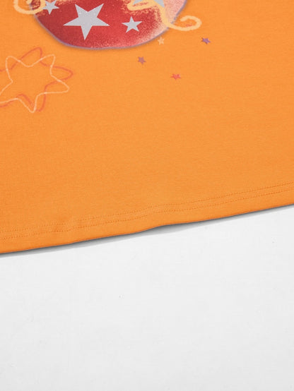 Orange Crew-Neck Tee with Fruit & Star Motif - Languid Park