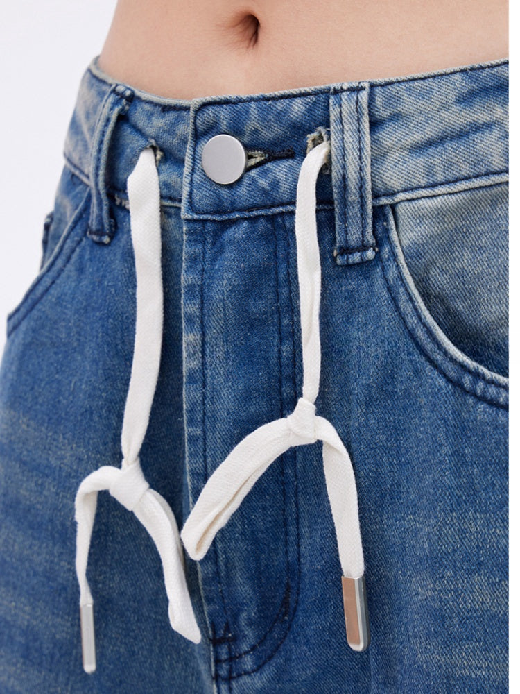 Niedrige Vintage Wide-Leg Jeans Länge Kordelzug Boden Blau Taille