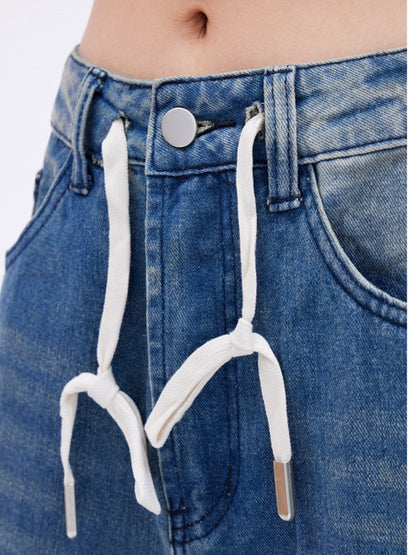 Niedrige Vintage Wide-Leg Jeans Länge Kordelzug Boden Blau Taille