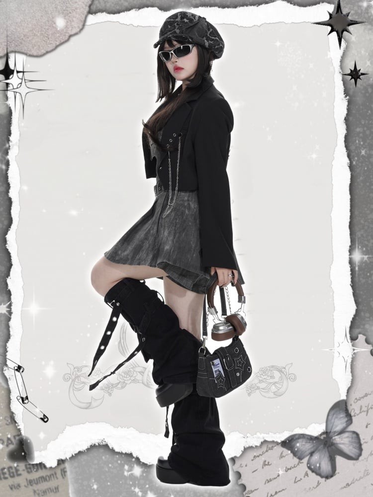 チェーン付きプラスサイズ ブラック クロップド ブレザー