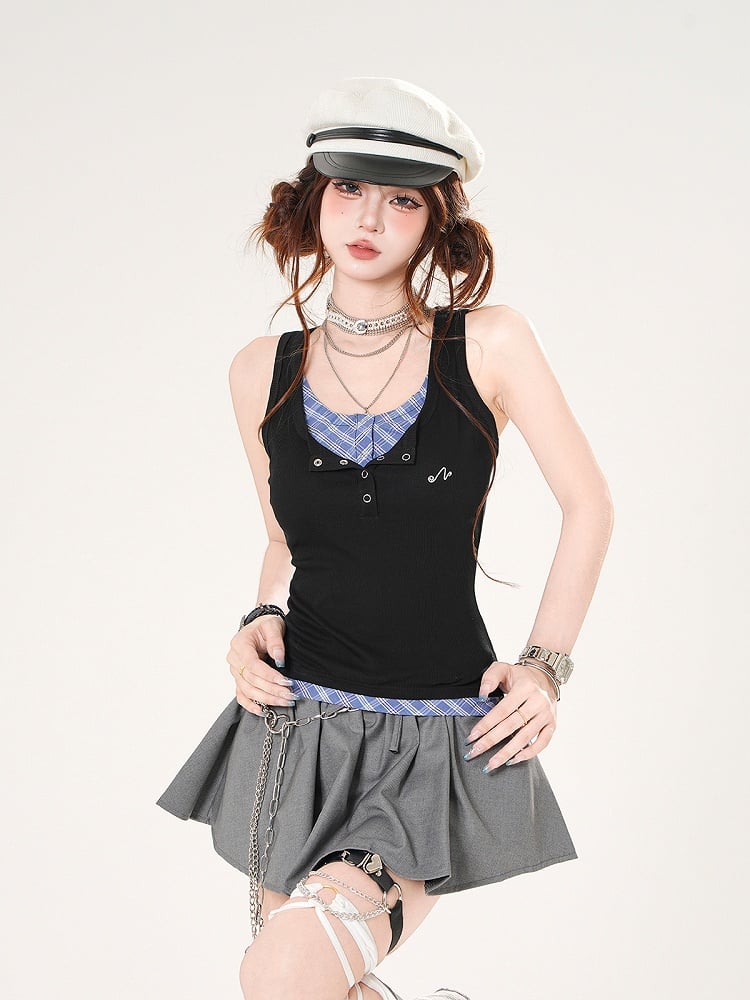 Tank Top Black and Blue Plaid Faux Two-pieces Slim-fitting