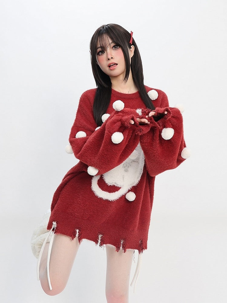 Daily Embellishments Neck Round Kawaii with Red Sweater Pom-pom