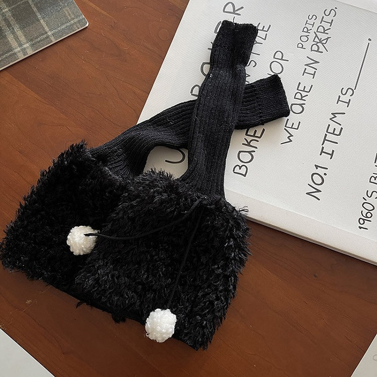 Süße weiß/schwarz/braune Y2K-Strick-Beinswärmer mit Pompons