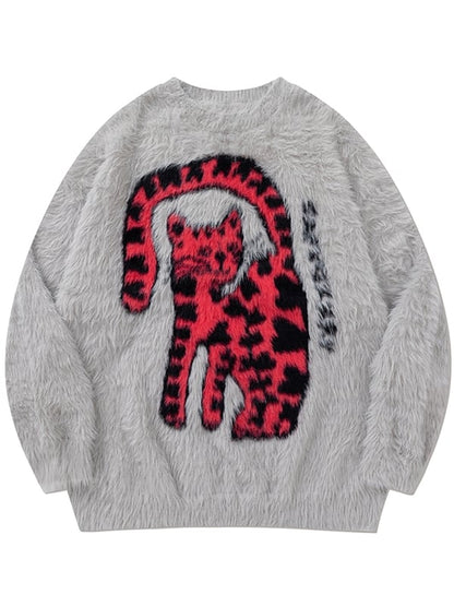 グレーの猫柄ラウンドネックルーズセーター