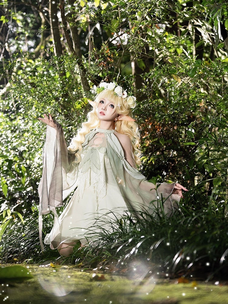 Mori Fairy Green Beige Halter Lolita Gown with Cutout Lace Accents - Unknown Star