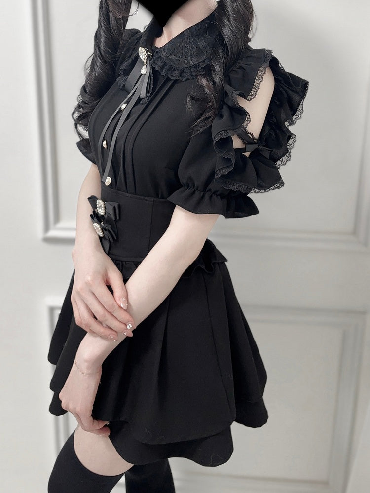 Trim Kei Lace Jirai Cutout Bow Peter Collar Tie Shoulder with Blouse Pan Black