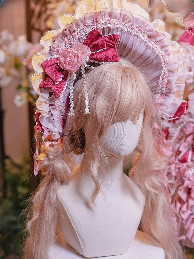 Bonnet Accents Rose Light with Bow Pink/Rose and Pink Ruffled Lolita
