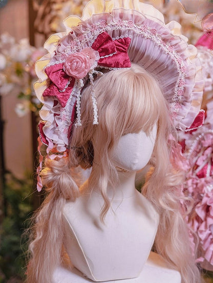 Bonnet Accents Rose Light with Bow Pink/Rose and Pink Ruffled Lolita