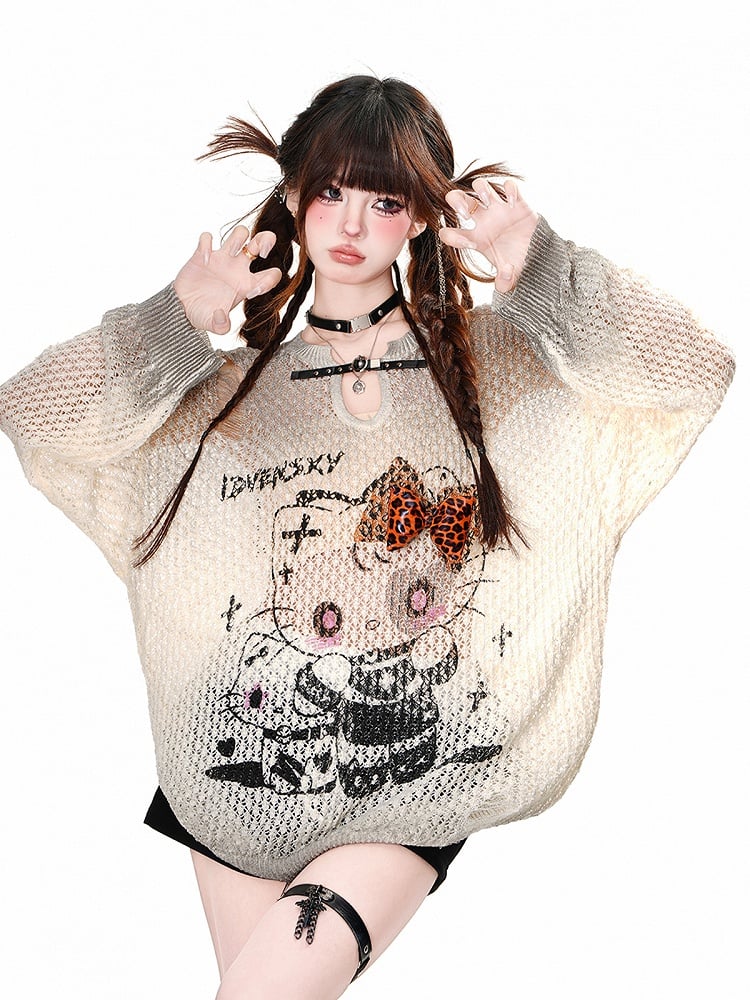 Top Kitty Print Pink/Apricot/Schwarz Distressed Löcher Sommer Sonnenschutz Aushöhlen