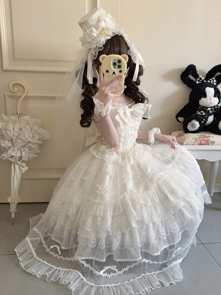 Multi-Layer JSK + Lace Dress Bows Details White / Pure Hanayome-Style Full Overlay Rhinestone Lolita with Set