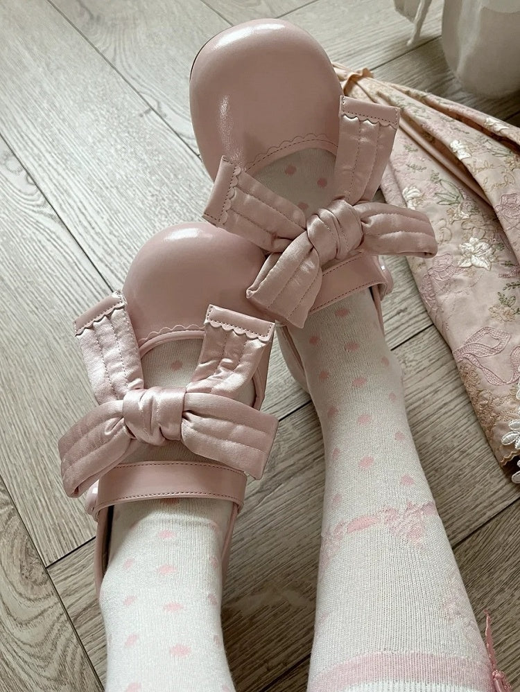 Pink Flats with Velcro Closure Heart-Embellished Sweet and Bow Lolita Accents