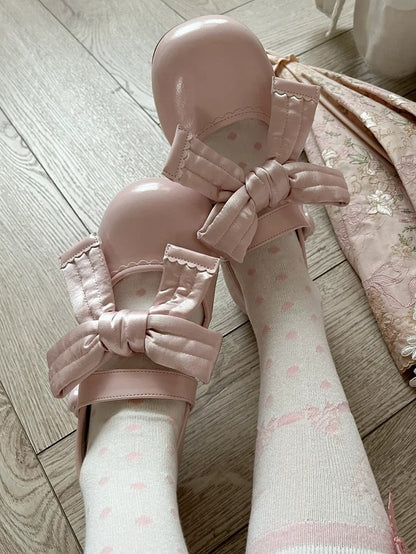 Pink Flats with Velcro Closure Heart-Embellished Sweet and Bow Lolita Accents