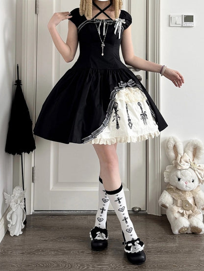 Side Ruffle Halter Lolita OP Dress in Gothic Black with Cutlery Embroidery - Vivian's Diary