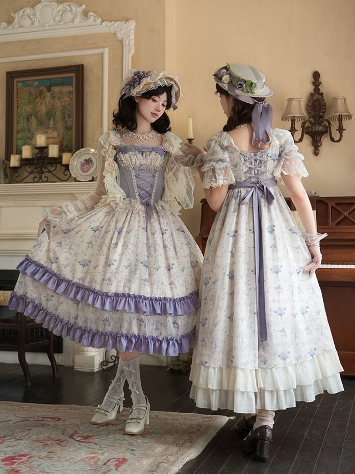 Set Dress Neckline Iris Lolita Floral Elegant Empire Print Square Waist OP Full