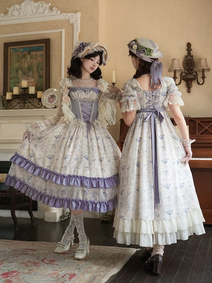 Set Dress Neckline Iris Lolita Floral Elegant Empire Print Square Waist OP Full