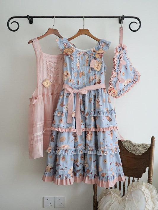 Print Cookie + Pink Headscarf Full Lolita Dress Brooches Sweet and Apron Blue Set Triangular Hamster