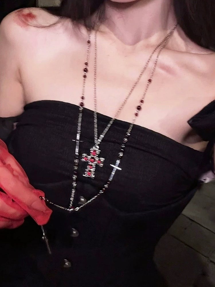 Red Bead Layered Cross Pendant Necklace - YSHXS