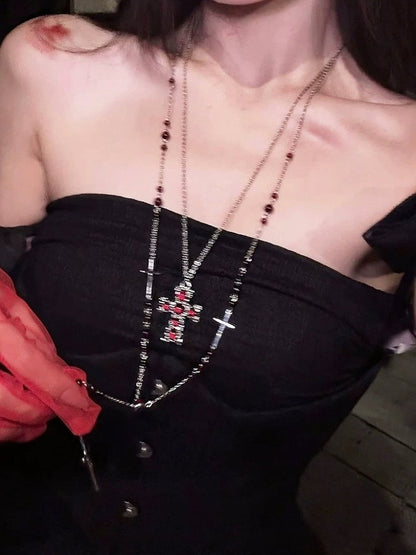 Red Bead Layered Cross Pendant Necklace - YSHXS