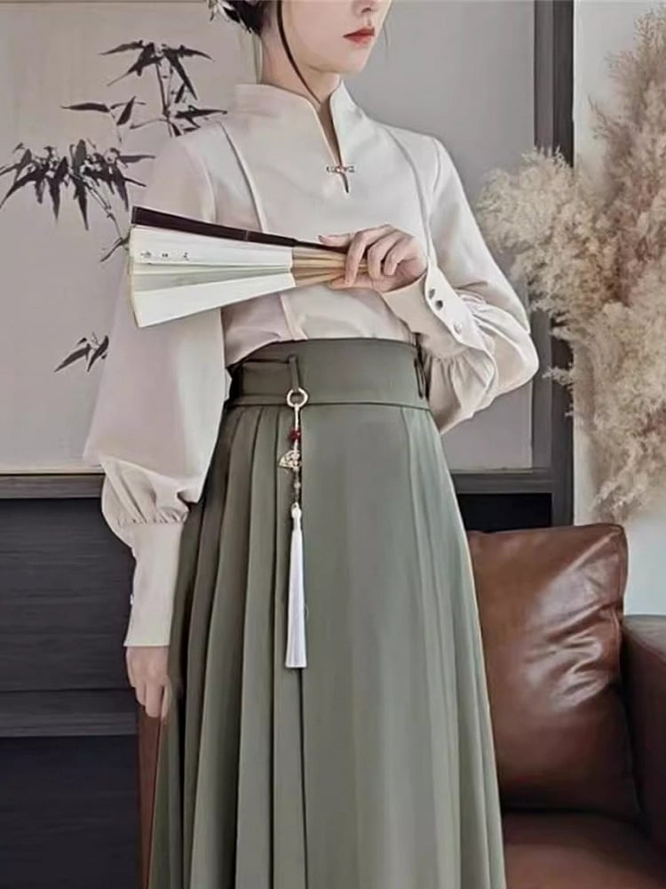 Balloon Blouse Beige Sleeves Snap Style Chinese with Fastener