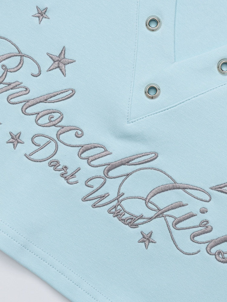 Blue Cropped V Neck Short Sleeve Hooded Letter Embroidered Top - Languid Park