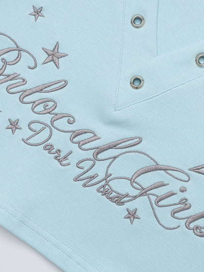 Blue Cropped V Neck Short Sleeve Hooded Letter Embroidered Top - Languid Park