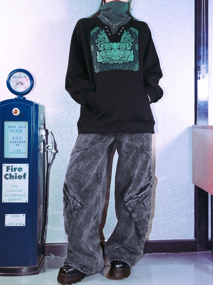 Gray Vintage Pockets Distressed Asymmetrical Jeans Wide-Leg with