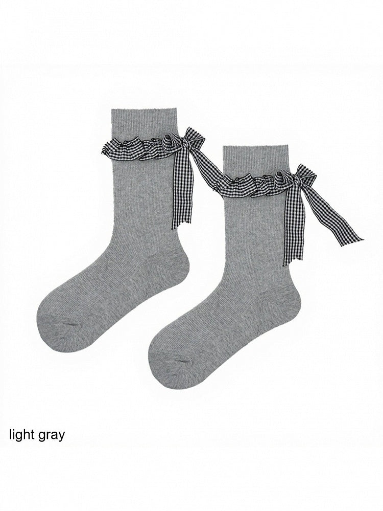 Ribbed Ankle Socks with Plaid Bow Decoration - ModaSwings