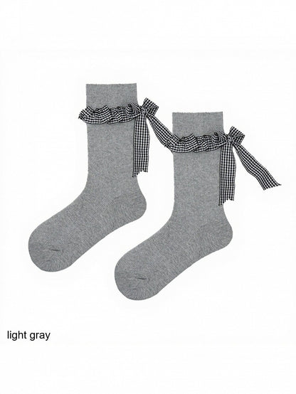 Ribbed Ankle Socks with Plaid Bow Decoration - ModaSwings
