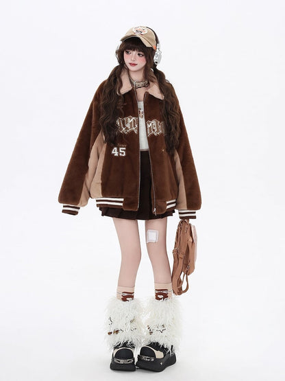 Jacket with Embroidery Fleece Brown Baseball Deep Letter Heart