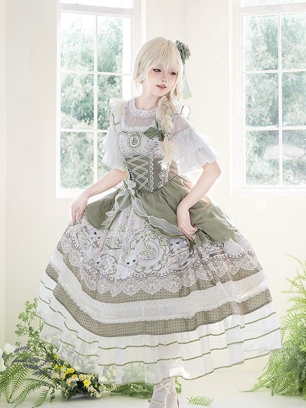 Dress Green with Trimmings Print and Layered Rabbit Country Teacup Lace Lolita