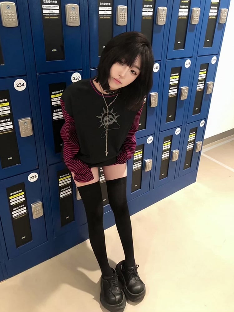 Red Top Y2K Color Print Striped Block Black Skeleton with