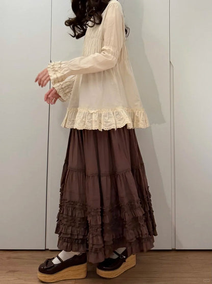 Cotton Multi-Layer Brown Hem Lolita Loose Elegant Skirt Ruffled