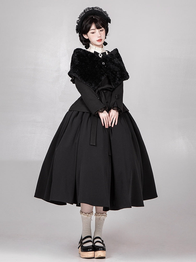 Black Juliette Sleeves Rounded Flat Collar Coat + Shawl + Brooch