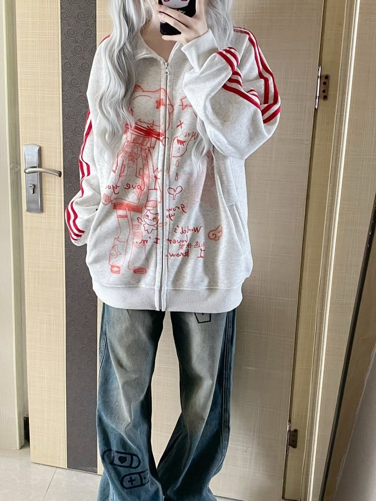 Red Anime Print Zip Closure Jacket - Corner cat