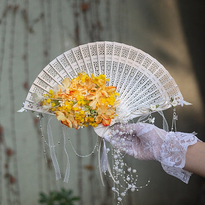 Charm Faltbarer Perlenfächer, Blumenmuster, Lila/Grün/Rosa/Gelb