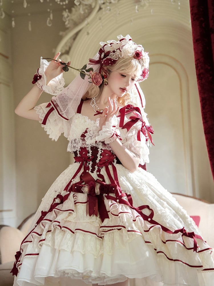 Hime Red Dress Layered Waist Lolita Corset High-low Hanayome