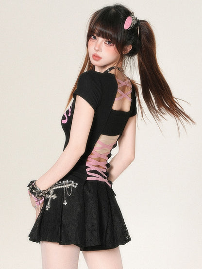 華やかなバックデザイン ホワイト/イエロー/ブラック Tシャツ レタープリント クロス