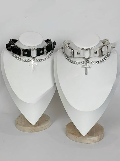 Schnallen Nieten Choker Kreuz Anhänger Schwarz/Weiß Punk Details Design