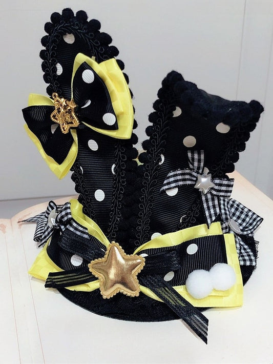Ears Mini Hat Star Bowknot Decorated Details And BlackYellow Polka-Dot Pompon Pattern Bunny