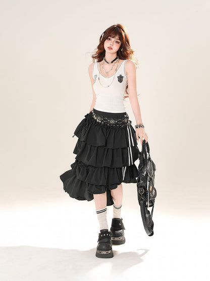 Black Asymmetrical Hem Tiered Skirt
