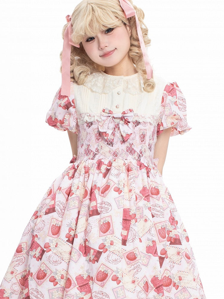 Lace Puff Pink with Sleeves Collar Lolita Beige Dress Print Strawberry Sweet