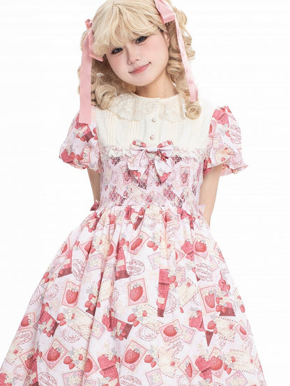 Lace Puff Pink with Sleeves Collar Lolita Beige Dress Print Strawberry Sweet